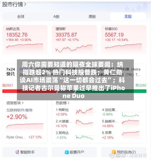周六你需要知道的隔夜全球要闻：纳指跌超2% 热门科技股普跌；黄仁勋谈AI市场震荡“这一切都会过去”；科技记者古尔曼称苹果过早推出了iPhone Duo