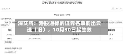 深交所：港股通标的证券名单调出云迹（旧），10月30日起生效